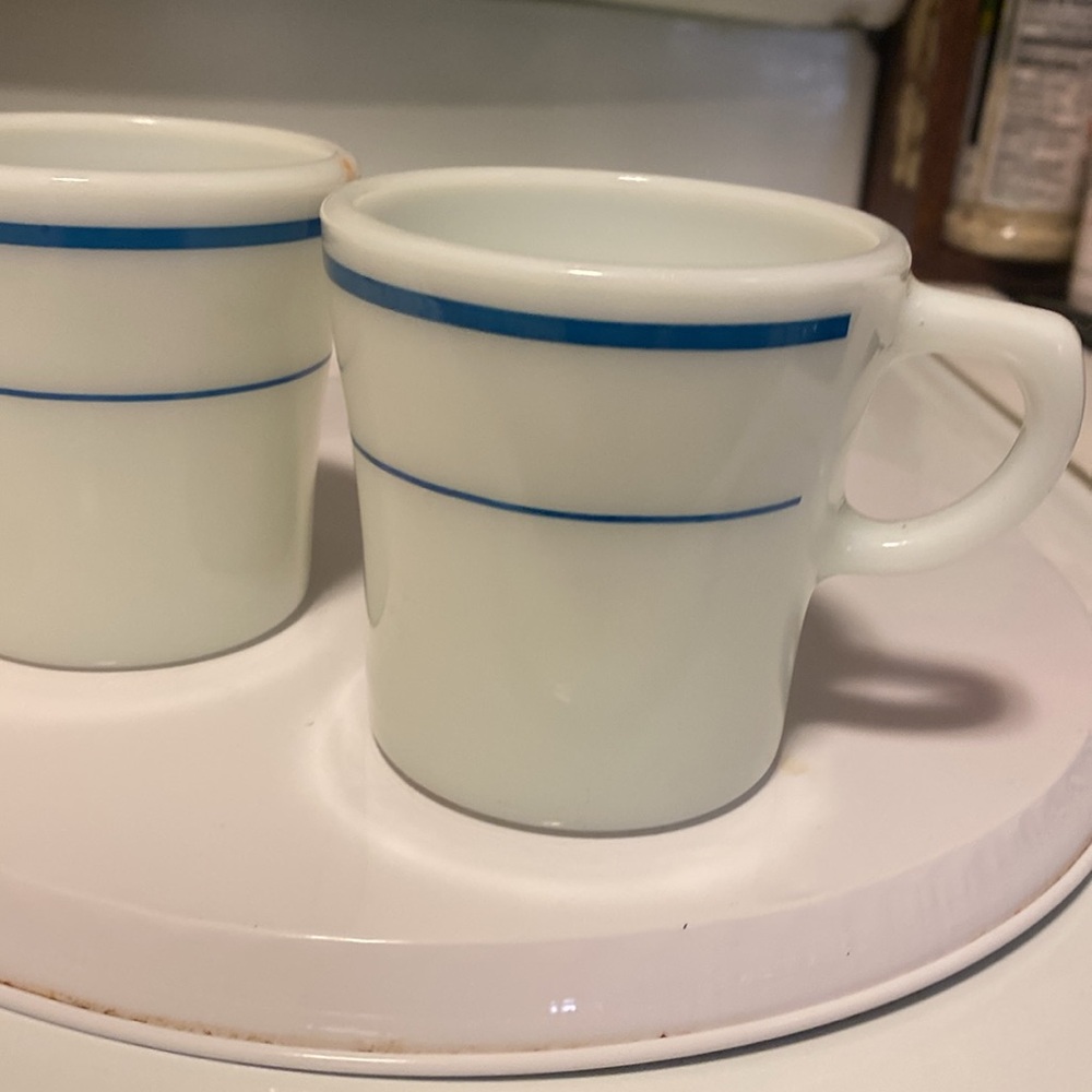 Pyrex Milk Glass 1970s Teal Stripes Coffee Mugs - Picture 2 of 3